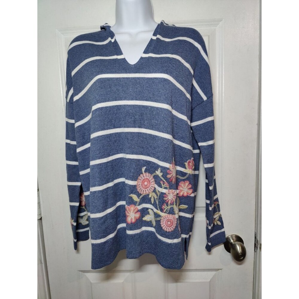 J Jill Gray White Striped‎ Floral Embroidered V-Neck Hoodie Sweater XS